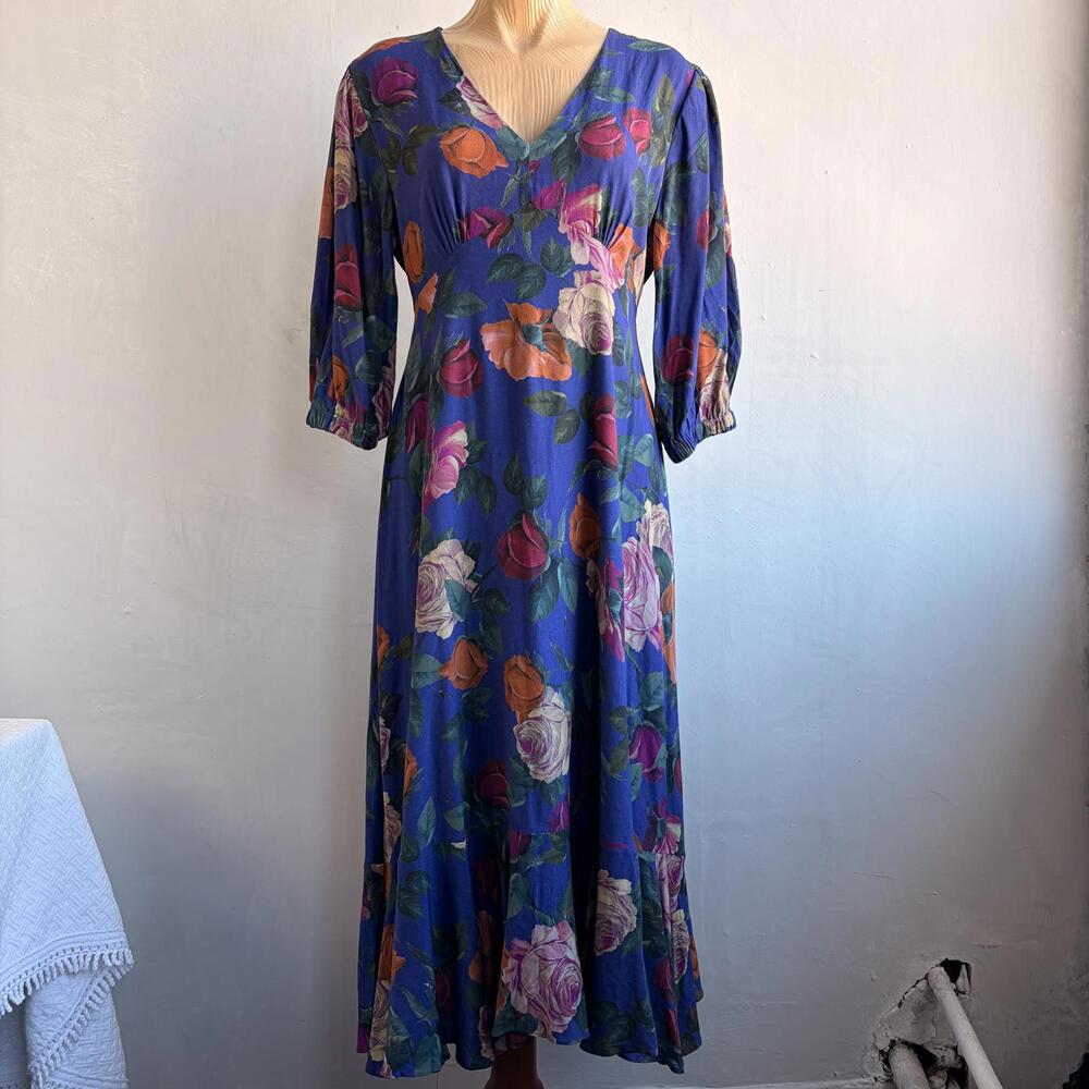 Nicole Miller Collection Floral Midi Dress Blue Rose V-Neck 3/4 Sleeve M Summer